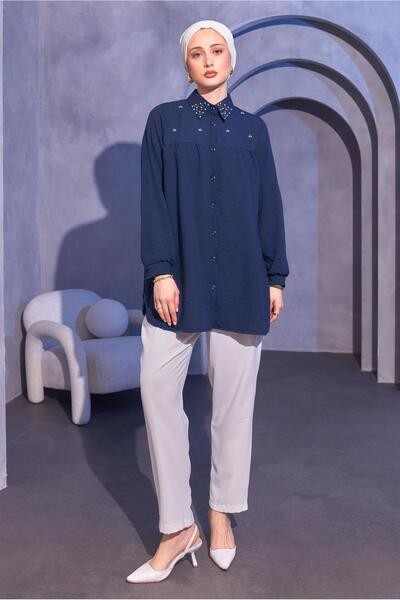 TRENDTESETTÜR Navy Blue Bead Detailed Women's Shirt Tunic - T 3314