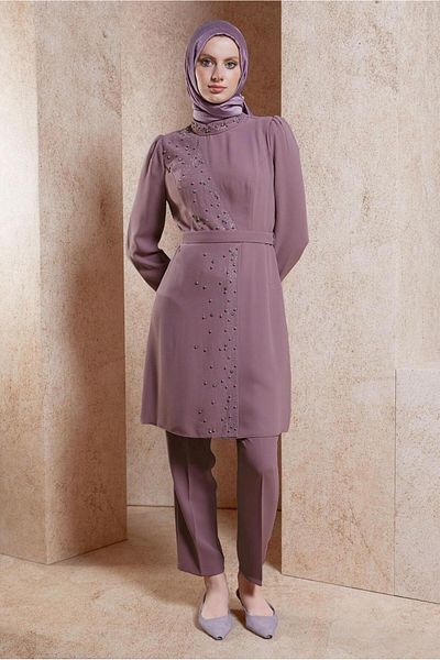 TRENDTESETTÜR Lilac Stone Detailed Women's Trousers Set - T 30271