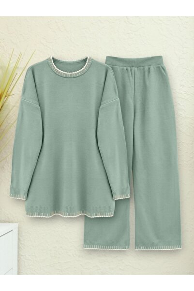 Modamorfo Round Neck Knitwear Set with Embroidery Detail - Aqua Green