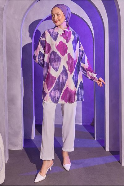 TRENDTESETTÜR Fuchsia Indigo Patterned Women's Shirt Tunic - T 1814