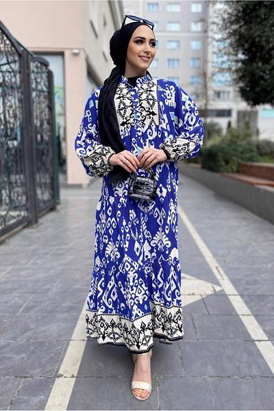 TRENDTESETTÜR Γυναικείο φόρεμα Navy Blue Saks Viscose Ethnic Pattern - T 3659