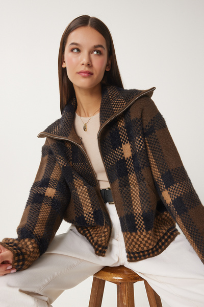 Lovelyİstanbul Brown Beige Knitwear Cardigan - Checkered and Zippered Ldp0024