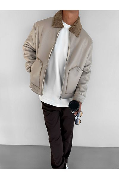 ablukaonline Ανδρικό δερμάτινο βελούδινο μπουφάν Comfortable Fit Stone Χρώμα