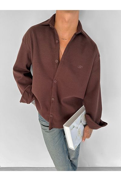 ablukaonline Ανδρικό πουκάμισο Oversize Basic μακρυμάνικο καφέ