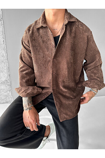 ablukaonline Ανδρικό πουκάμισο Oversize με ραβδώσεις καφέ