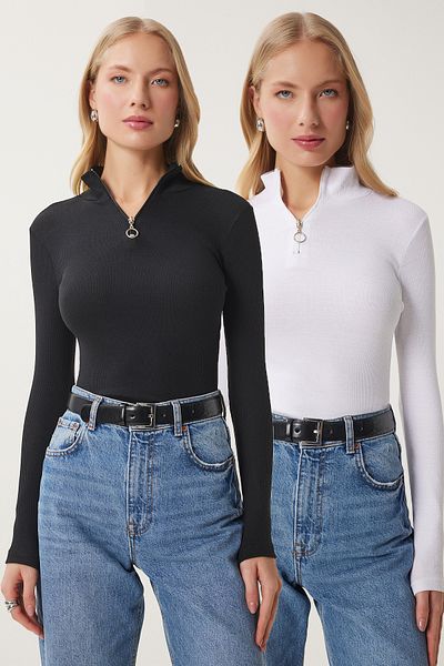 Lovelyİstanbul 2-Pack Zip-Neck Knitted Blouse White Black Lgt0031
