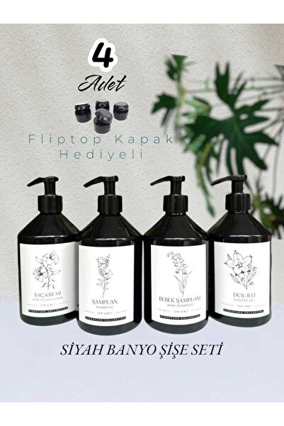 Dem Home 4 Lü Siyah Plastik Banyo Şişe Seti Şampuan-duş Jeli-saç Kremi-bebek Şampuanı 500 Ml Pompa Kapak