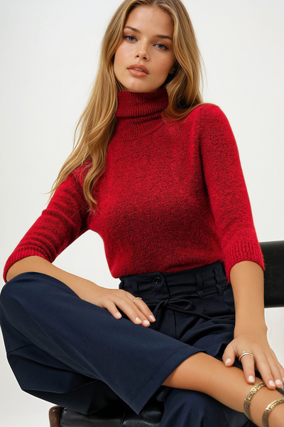VAGGON Red Turtleneck Furry Women's Sweater - Prm1298