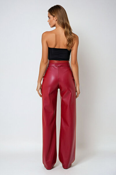 VAGGON Women's Red Front Stitched Double Pocket Faux Leather Palazzo Pants Prm1296