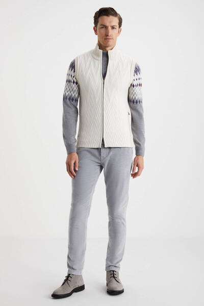 Hemington Çizgi Desenli Merino Yün Ekru Yelek