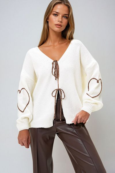 VAGGON Women's Ecru V-Neck Front Tie Sleeve Cord Embroidered Knitwear Prm1317