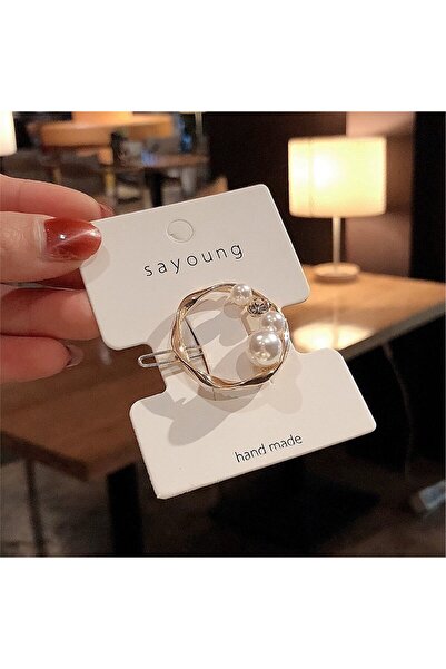 So Much Accesories Women's Gold Pearl Detailed Side Hair Clip Round-4