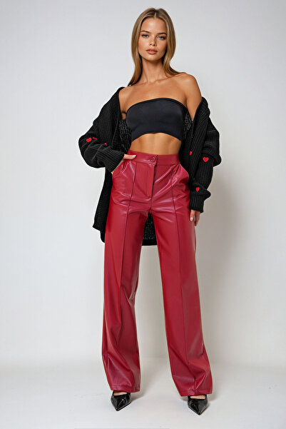 VAGGON بنطال بالازو نسائي من الجلد الصناعي بجيب مزدوج وخياطة أمامية باللون الأحمر Prm1296