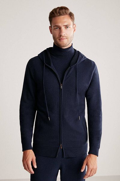 Hemington Cashmere-Silk Blended Hooded Navy Blue Sports Jacket
