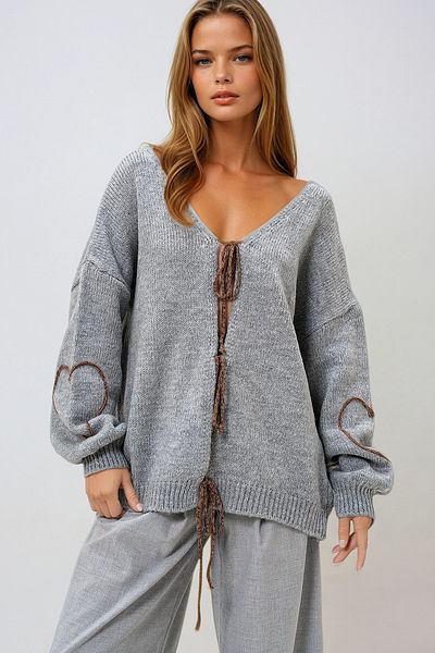 VAGGON Women's Gray V-Neck Front Tie Sleeve Cord Embroidered Knitwear Prm1317