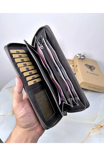 Fil Deri Μεγάλο γνήσιο πορτοφόλι από γνήσιο δέρμα με φερμουάρ πολλαπλών διαμερισμάτων