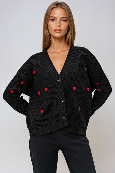 VAGGON Women's Black V-Neck Heart Embroidered Knitwear Cardigan Prm1304