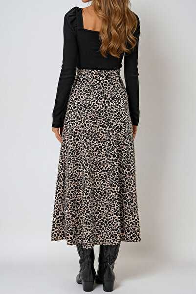 VAGGON Kadın Leopar Beli Lastikli Süet Dokulu Leopar Desenli Uzun Etek Prmx13182