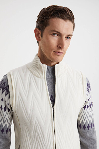 Hemington Çizgi Desenli Merino Yün Ekru Yelek