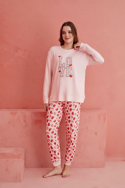 ELİTOL Salmon Love Patterned Luxury Thermal Women's Pajamas Set