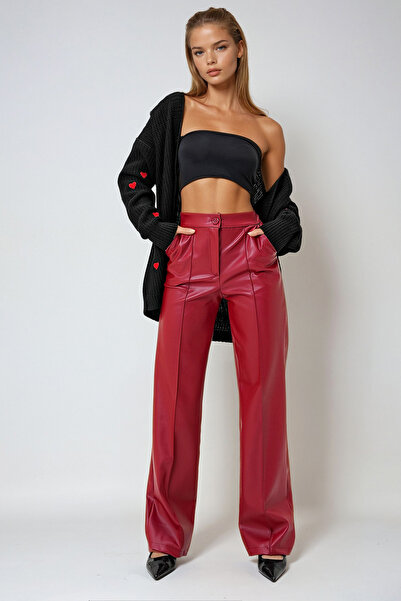 VAGGON بنطال بالازو نسائي من الجلد الصناعي بجيب مزدوج وخياطة أمامية باللون الأحمر Prm1296