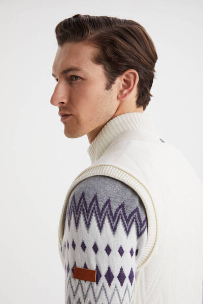 Hemington Çizgi Desenli Merino Yün Ekru Yelek