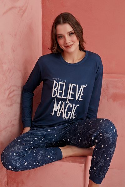 ELİTOL Луксозен термо пижамен комплект за жени с тъмносин мотив "Believe in Magic"