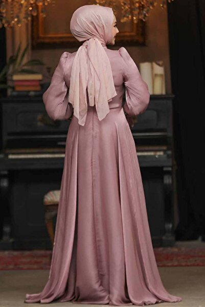 Neva Style Lacing Detailed Dusty Rose Hijab Evening Dress 48051Gk