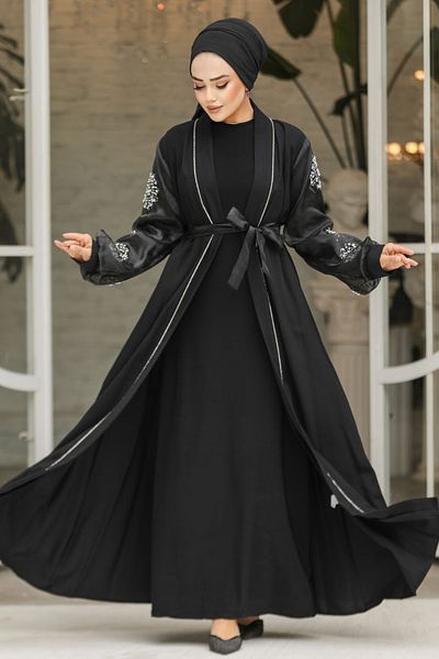 Neva Style Rochie de seară hijab neagră cu mânecă balon 42751s