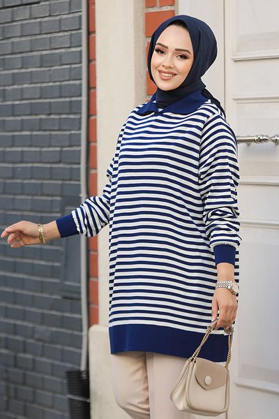 Neva Style Ριγέ Navy Blue Hijab Πλεκτό Πουλόβερ 65904l
