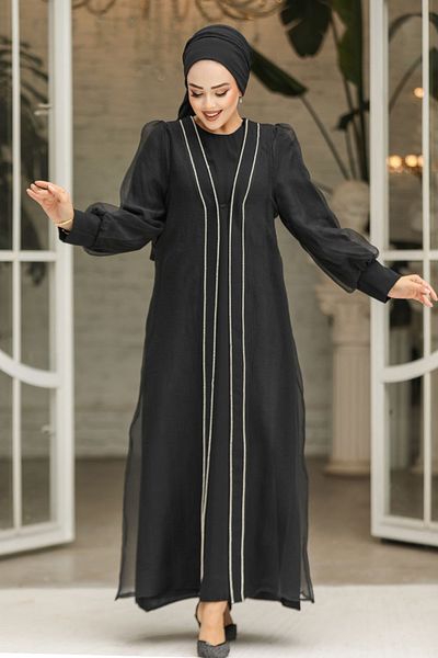 Neva Style Σετ Μαύρο Hijab Abaya με Χάντρες 4626S