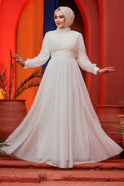 Neva Style - Rochie de seară hijab albă drapată 46321b