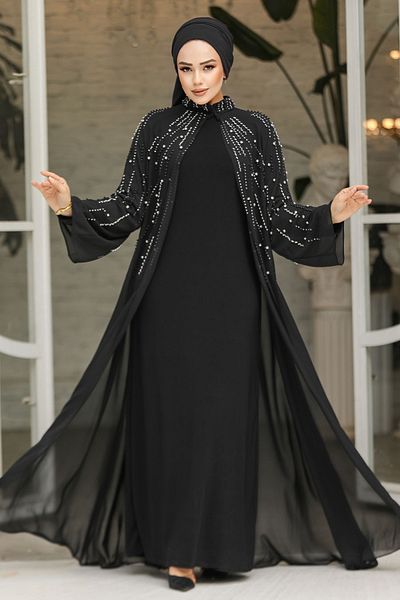 Neva Style Costum Abaya Hijab Negru Brodat cu margele 46151S