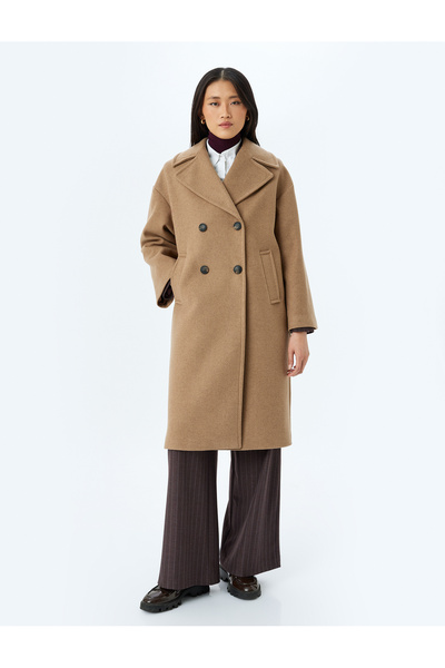 Koton Long Double Breasted Oversize Cashmere Coat with Buttoned Pockets