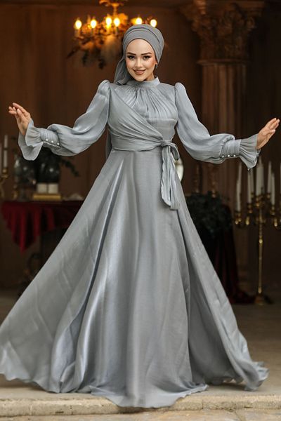 Neva Style Rochie de seară hijab gri cu detaliu de șireturi 48051gr