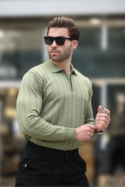 Madmext Khaki Polo Neck Zippered Knitted Sweater 7242