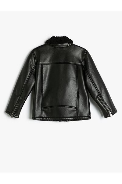 Koton Biker Jacket Leather Look Plush Collar Zippered
