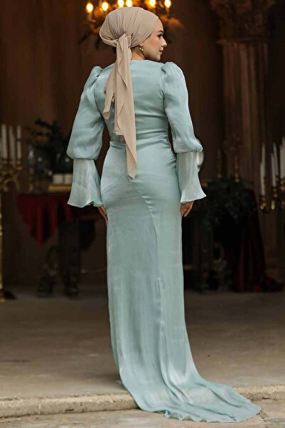 Neva Style Drape Detailed Mint Hijab Evening Dress 48531Mint