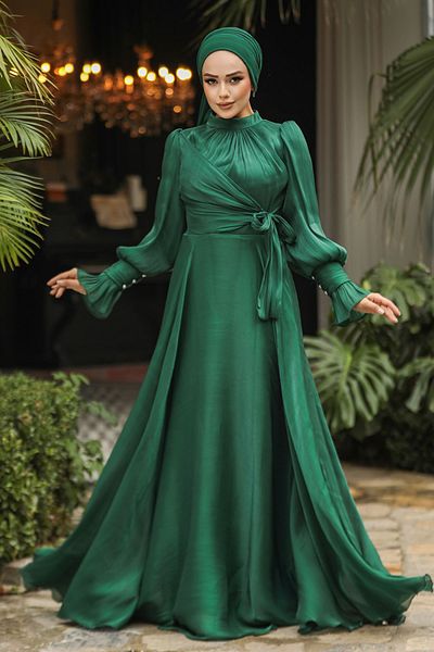 Neva Style Green Hijab Evening Dress with Tie Detail 48051Y