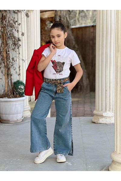 Uğurböceği Children's Dumbbell Jacket Slit Jeans Trousers 4-Piece Girls' Set