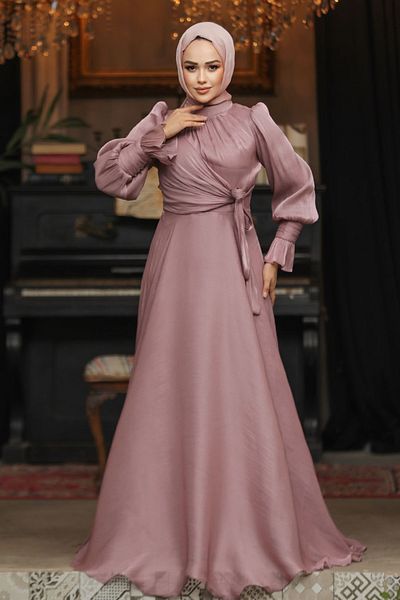 Neva Style Lacing Detailed Dusty Rose Hijab Evening Dress 48051Gk