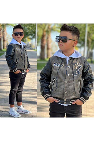 Uğurböceği çocuk Kolları Deri Detay Kolej Ceket Sweat 3'lü Erkek Çocuk Takım