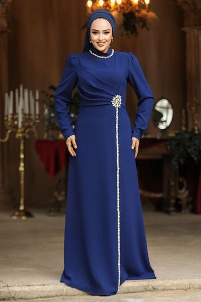Neva Style Beaded Dark Indigo Blue Hijab Evening Dress 46021ım