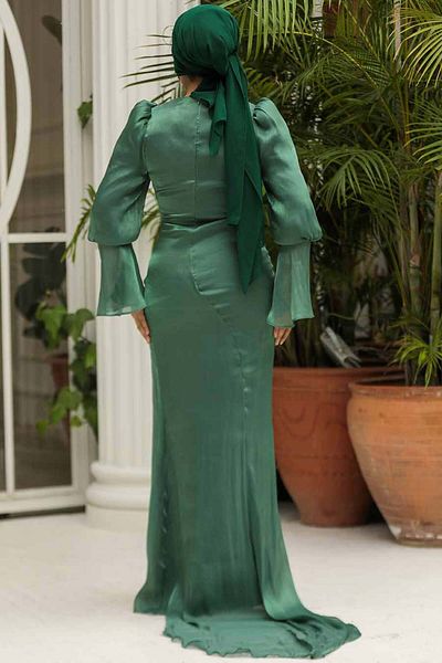 Neva Style Drape Detailed Green Hijab Evening Dress 48531Y