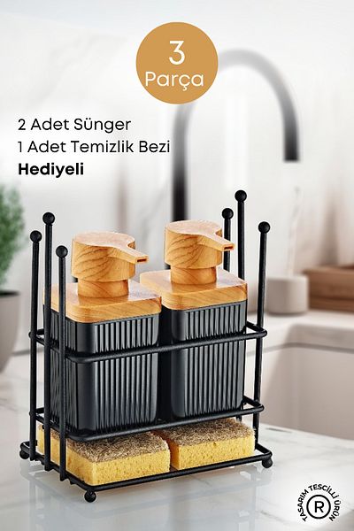 GRİMOR Life Dishwashing Liquid Soap Dispenser Kitchen Set with Wooden Pattern Metal Stand-Sponge and Cloth Gift