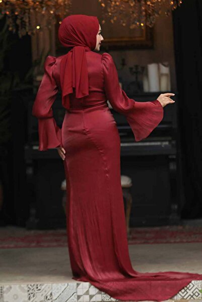 Neva Style Drape Detailed Burgundy Hijab Evening Dress 48531Br