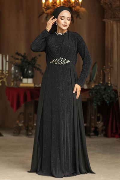 Neva Style Rochie de seară hijab neagră cu trenă 4443s