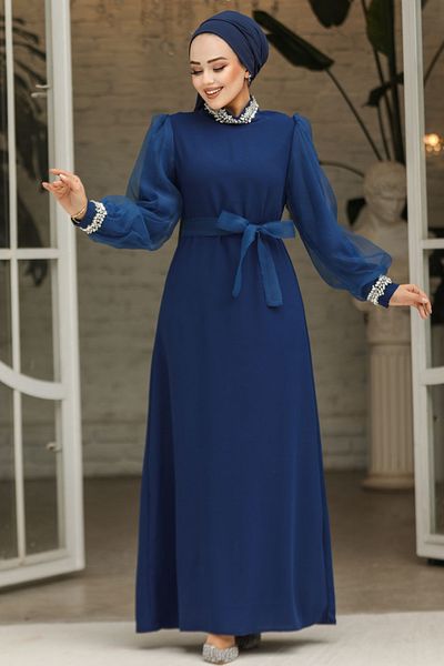 Neva Style Βραδινό φόρεμα Hijab με λεπτομέρεια με χάντρες Dark Indigo Blue 4576km