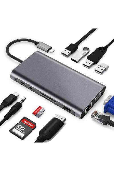 COOYA Docking Station USB Hub,11 in 1 with RJ45 Ethernet, 4K HDMI, VGA, SD/TF Card Reader, 3.5mm Audio