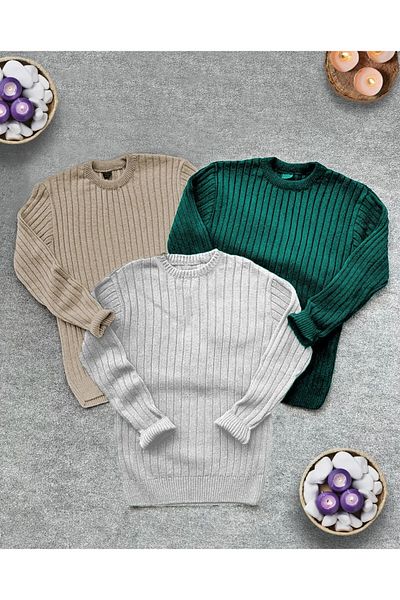 mayastyle Men's Knitwear Sweater Set - 3-Piece Beige, Gray, Emerald Green